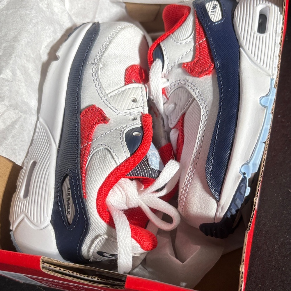 Nike Toddler Air Max 90 White, Red, and Blue Sneakers 6c